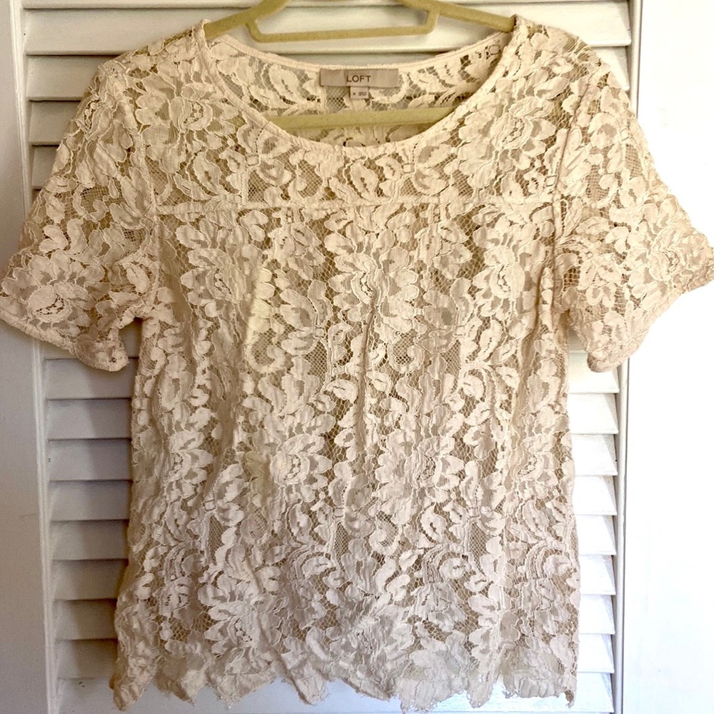 EUC Women’s Loft Cream Lace Overlay Short Sleeve Crewneck Top Blouse size M